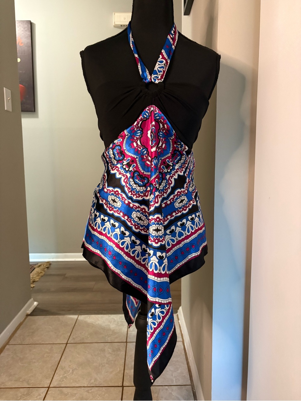 Candie's Black Halter Top with Blue and Pink Paisley Scarf Overlay